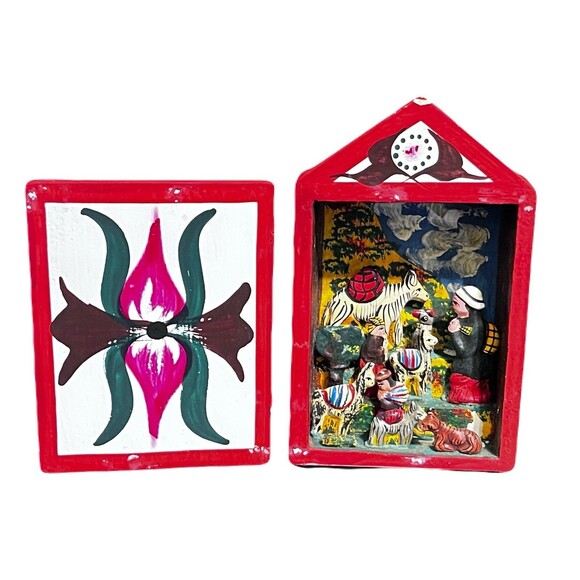Peruvian Folk Art Retablo Tobias Caceres 1985 Hand Carved Painted Wood Diaorama